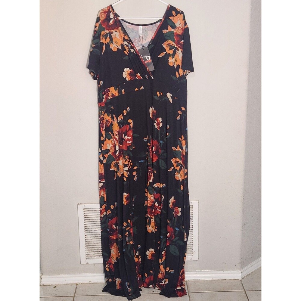 PoseShe Womens 3XL Floral Maxi Dress Black Wrap V Neck Short Sleeve NWT